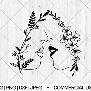 カップルの花のキス顔 svg、カップルのキス線画 svg、dxf、png、jpg、花とキスするカップル svg、ロマンチックなカップル svg、即時ダウンロード