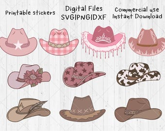 Paquete SVG de sombrero de vaquero, SVG de vaquera, DXF, PNG, JPG, Pegatinas imprimibles de sombrero de vaquero, SVG de sombrero de vaquero rosa, Pegatinas digitales, Descarga instantánea