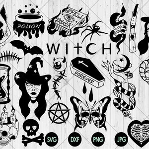 May include: Black and white witch-themed illustrations. Includes a cauldron with "POISON", a spell book, a bat, a snake, a witch's face, a coffin with "FOREVER", a skull, a butterfly, and the word "WITCH".