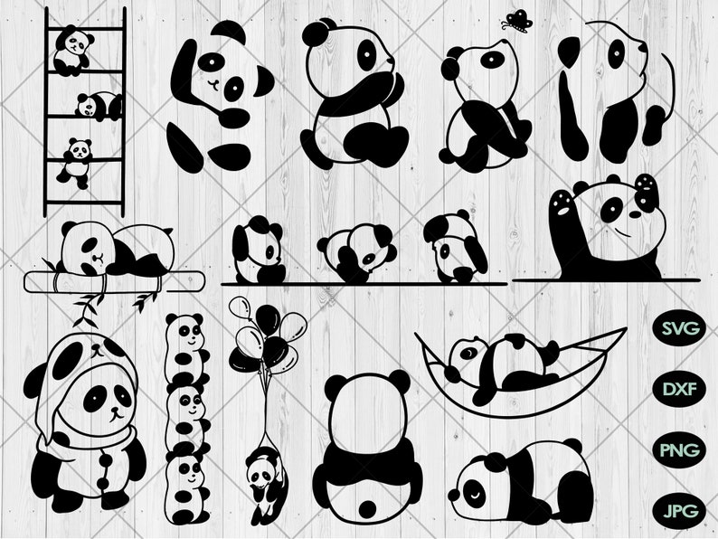 May include: A set of 12 black and white panda bear illustrations. The pandas are in various poses, including climbing a ladder, holding balloons, sleeping in a hammock, and relaxing. The illustrations are perfect for use in crafting projects, scrapbooking, or digital design.