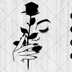 Rose gezicht svg, Vrouw gezicht met roos svg, dxf, png, jpg, Meisje hand vasthouden rose svg, bloemen gezicht svg, Vrouw bloem gezicht svg, Instant Download