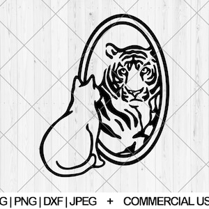 May include: Black and white illustration of a cat looking at a tiger in a mirror. The tiger is in an oval frame. The image includes the text "SVG | PNG | DXF | JPEG + COMMERCIAL USE".