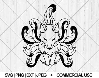 9-svansad räv svg, Kitsune svg, dxf, png, jpg, Nio-svansad räv svg, Söt liten räv svg, Baby räv svg, Anime kitsune räv svg, Direktnedladdning