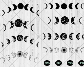 May include: A set of eight black and white moon phase SVG cut files. The moon phases include a full moon, crescent moon, half moon, and new moon. The moon phases are arranged in a row, with the full moon in the center.