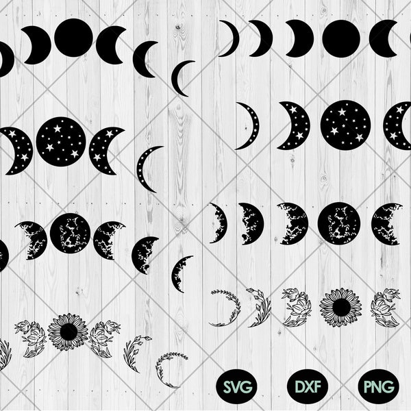 Moon phase svg bundle, Moon phase with star svg,dxf,png,jpg, Floral moon svg, Moon flowers svg, Full moon Half moon svg, Instant Download