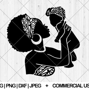 May include: Black and white silhouette of a woman holding a baby. The woman has a patterned head wrap and the baby has a patterned hat.