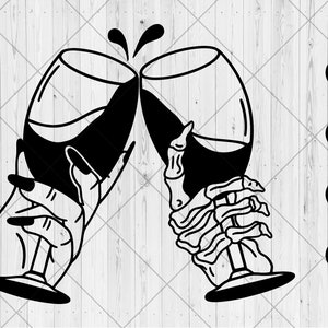 May include: Black and white illustration of two wine glasses clinking together. One glass is held by a skeletal hand, the other by a hand with long nails.