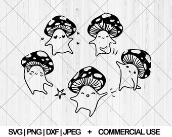 May include: Five black and white cartoon mushrooms with smiling faces. Each mushroom has a different pose and expression. The mushrooms are on a white background.