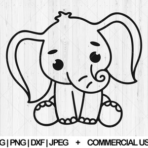 May include: A black and white line drawing of a cartoon elephant with big eyes and a curled trunk. The elephant is sitting on its bottom with its legs crossed.