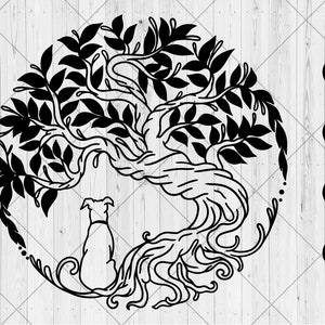 May include: Black and white illustration of a dog sitting under a tree, enclosed in a circular frame. The tree has many leaves and branches. The image includes the text "SVG", "DXF", "PNG", and "JPG".