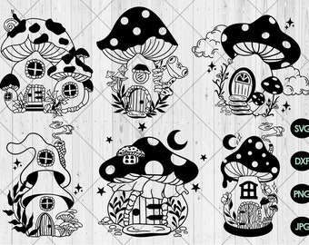 かわいいキノコの家 SVG バンドル、ノームの家 SVG、DXF、PNG、JPG、妖精の家 SVG、キノコの妖精 SVG、マジック マッシュルーム SVG、即時ダウンロード