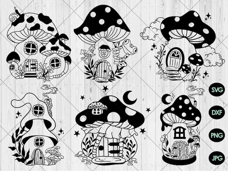 Puede incluir: Seis ilustraciones en blanco y negro de casas de setas con diferentes dise&ntilde;os. Cada casa tiene una puerta, ventanas y otros detalles. Algunas casas tienen un sombrero de seta en la parte superior, mientras que otras tienen un techo puntiagudo. Las ilustraciones est&aacute;n sobre un fondo blanco.