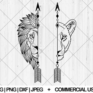 矢印ライオンカップル SVG、半分ライオンの顔 SVG、PNG、DXF、JPG、男性と女性のライオンの頭 SVG、かわいいボヘミアンライオンカップル SVG バンドル、即時ダウンロード