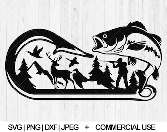 May include: Black and white silhouette design of a fish, deer, and a hunter in a forest setting. The design is inside a curved hook shape.