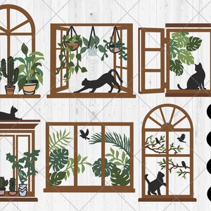 Peut inclure: Six designs de fenêtres différents avec des chats noirs, des plantes et des oiseaux. Les fenêtres sont brunes avec des vitres blanches. Les designs sont parfaits pour les projets d'artisanat.
