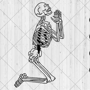 May include: A black and white line drawing of a skeleton kneeling with its hands raised in prayer.