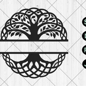 May include: Black and white silhouette of a tree with intricate branches and roots. The tree is split in half horizontally, with a blank space in the middle for text. The image is suitable for use as a monogram or family tree design.