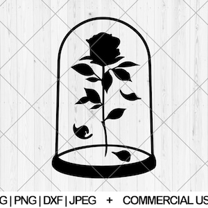 May include: A black silhouette of a rose inside a glass dome. The rose is in full bloom with a stem and leaves. The dome is round with a base.