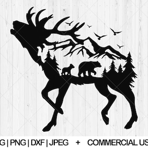Elk mountain svg, Elk deer svg, dxf, png, jpg, Deer Bear scene svg, Elk hunting svg, Forest deer svg, Forest bear svg, Instant Download