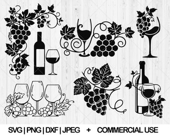 May include: Black and white silhouette design set of wine glasses, bottles, and grapes. The design includes a wine bottle, a wine glass, a bunch of grapes, and a vine.