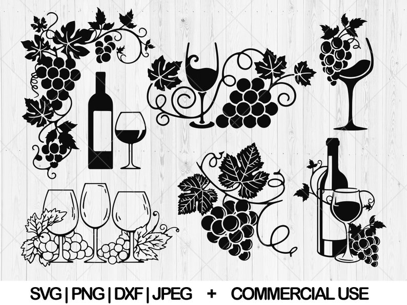 Puede incluir: Conjunto de dise&ntilde;o de silueta en blanco y negro de copas de vino, botellas y uvas. El dise&ntilde;o incluye una botella de vino, una copa de vino, un racimo de uvas y una vid.