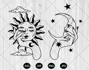 May include: Black and white line art illustration of a sun and moon with faces. The sun is being held by a hand with a crescent moon tattoo. The moon is being held by a hand with a sun tattoo.