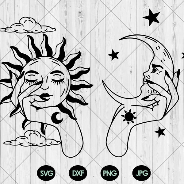 Main tenant la lune et le soleil svg, Le soleil svg, la lune svg, Lune céleste et soleil svg, png, dxf, jpg, Mystique lune svg, Téléchargement instantané