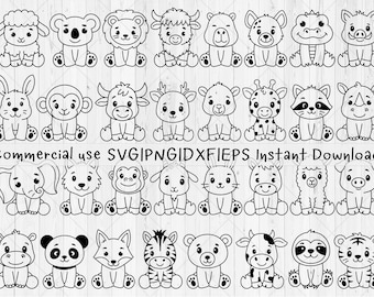 32 baby animals sitting svg bundle, Cute zoo animals svg, png, dxf, eps, Farm animals svg, Safari animals outline svg, Instant Download