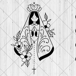 Virgin mary svg, Our Lady of Guadalupe svg, dxf, png, jpg, Mother mary svg, Virgin mary with flowers and cross svg, Instant Download