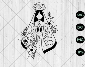 Virgin mary svg, Our Lady of Guadalupe svg, dxf, png, jpg, Mother mary svg, Virgin mary with flowers and cross svg, Instant Download