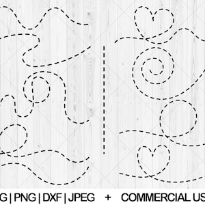Peut inclure: Deux images en noir et blanc de lignes pointillées formant des formes abstraites. La première image présente une série de lignes courbes qui forment des cercles et des ovales. La deuxième image présente une série de lignes courbes qui forment une forme de cœur, une spirale et un cercle.