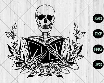 Skelett hält Buch svg, Floral Buchkunst svg, Dxf, Png, Jpg, Buchliebhaber svg, Reader Bookish svg, Buch mit Blumen svg, Instant Download