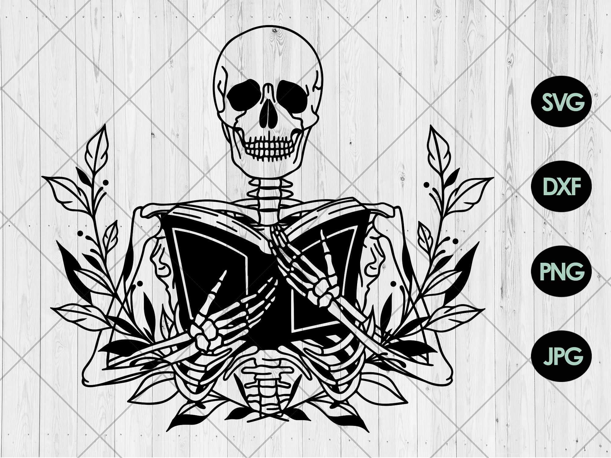 Skeleton Holding Book Svg Floral Book Art Svg Dxf Png Jpg Etsy