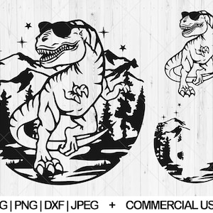 Dinosaur with Sunglasses svg, T-Rex svg, dxf, png, jpg, Dinosaur scene svg, Tyrannosaurus Rex svg, Mountain scene svg, Instant Download