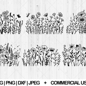 Wildflower svg bundle, Flower meadow svg, dxf, png, jpg, Wildflowers svg, Bouquet svg, Wildflower border svg, Botanical svg,Téléchargement instantané