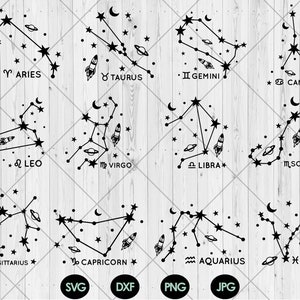 Pakiet svg ze znakiem zodiaku, nazwy znaków zodiaku svg, png, dxf, jpg, słodkie astrologiczne znaki zodiaku svg, znaki konstelacji zodiaku svg, natychmiastowe pobieranie