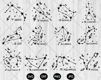 May include: Black and white line art illustrations of the 12 zodiac signs, each with a rocket and a crescent moon. The signs are Aries, Taurus, Gemini, Cancer, Leo, Virgo, Libra, Scorpio, Sagittarius, Capricorn, Aquarius, and Pisces. The text "SVG", "DXF", "PNG", and "JPG" is also included in the image.