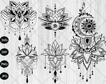May include: Six black and white mandala designs featuring a lotus flower, a crescent moon, and a sun. The designs are intricate and detailed, with a variety of patterns and shapes.