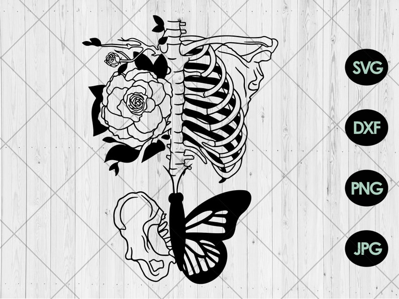 May include: Black and white line art illustration of a human rib cage with a flower and butterfly. The rib cage is connected to a butterfly with a flower growing out of the top.