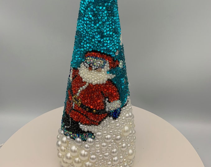 Rhinestone Skiing Santa Tabletop Christmas Tree (14")