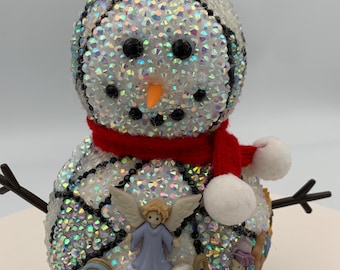 NEW! 6" Tall Tabletop Rhinestone Snowman Featuring Nativity Scene