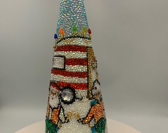 Christmas Happy Campers Santa and Mrs Claus Rhinestone Tabletop Tree