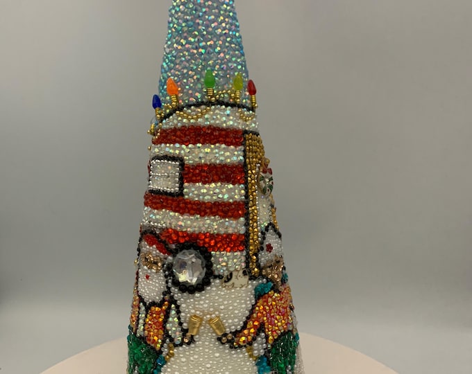 Christmas Happy Campers Santa and Mrs Claus Rhinestone Tabletop Tree