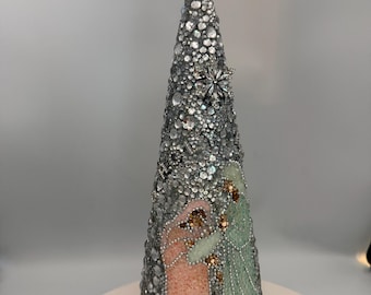 Soft Silver Nativity Rhinestone Tabletop Tree Decor