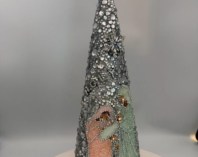 Soft Silver Nativity Rhinestone Tabletop Tree Decor