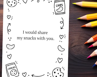 Funny Snack Card Printable, I Would Share My Snacks With You, Cute Love Card, Colorable Greeting Card, Digital Download
