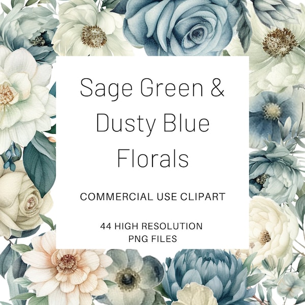 Watercolor Floral Bundle - Sage, Dusty Blue, Ivory - Elegant Wedding Stationery & DIY Crafts Elements