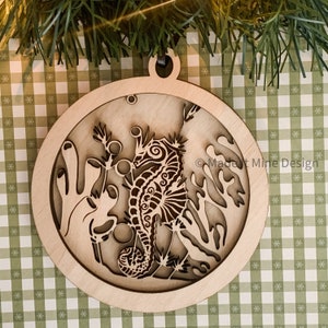 Laser Cut and Engraved Seahorse and Stingray Ornament SVG File