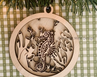 Laser Cut and Engraved Seahorse and Stingray Ornament SVG File