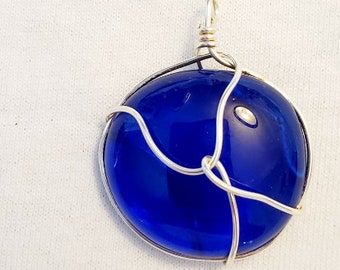 Blue Glass Circle Wire Wrap Pendant